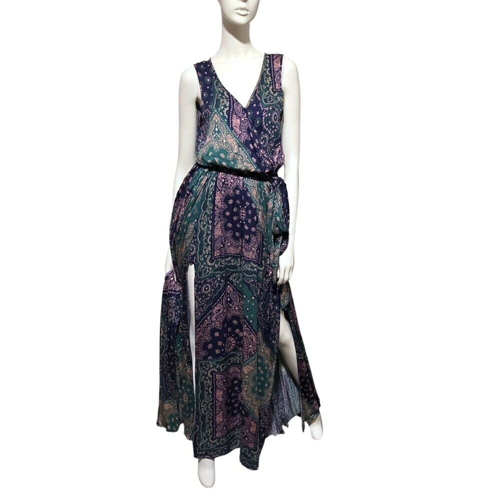 Vici Maxi Dress M Paisley Handkerchief Multi Slits Blouson Witchy Western